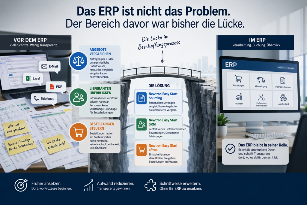 ERP im Einsatz, aber Angebotsvergleiche laufen noch per E-Mail, Lieferantenwissen hängt an Einzelpersonen, Bestellungen entstehen unkontrolliert? Dieser Beitrag zeigt, wo die Lücke entsteht und wie ein gezielter Einstieg entlastet.